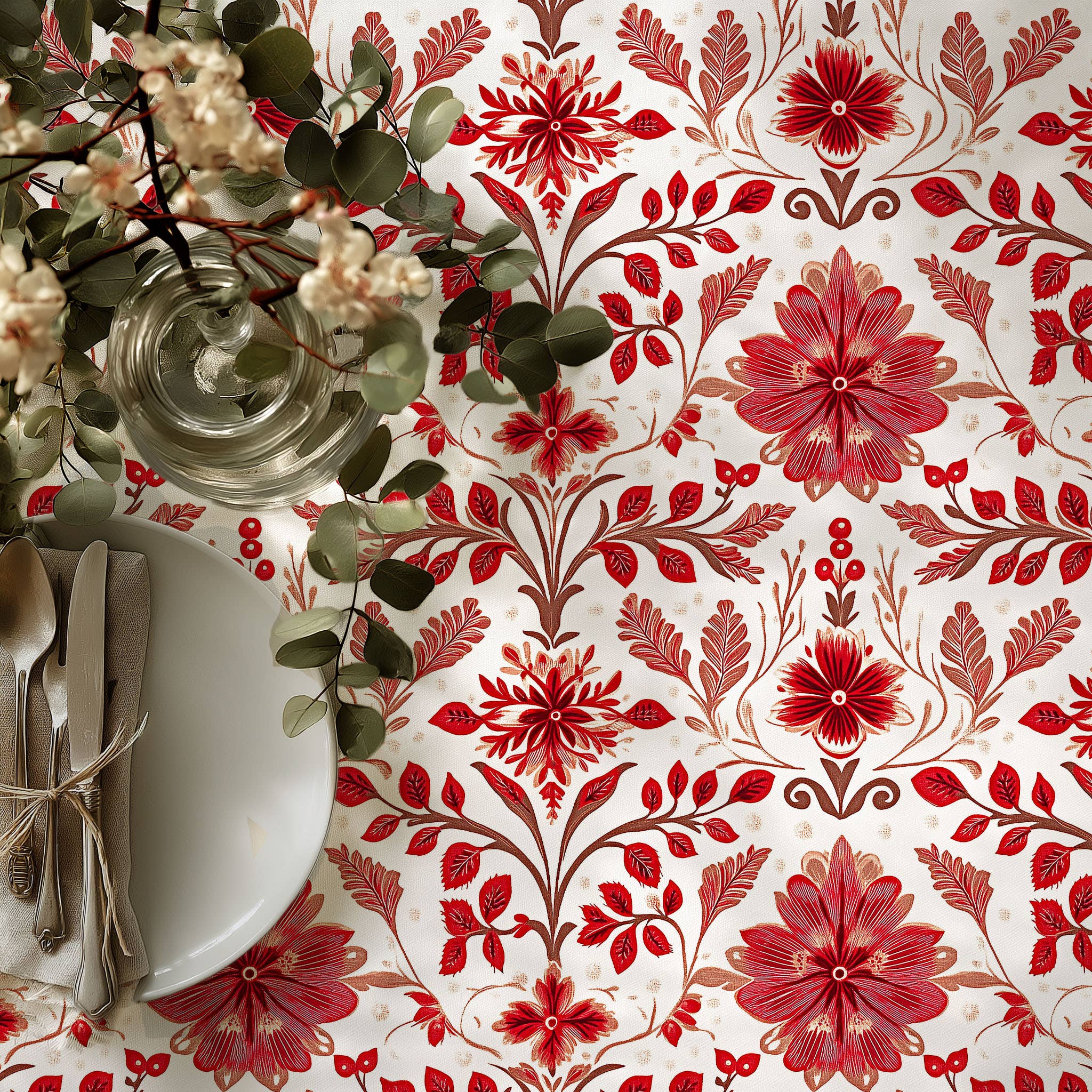 NorraVilla - Wholesale Tablecloth - 100% Linen Tablecloth Red floral ornaments Christmas table 1