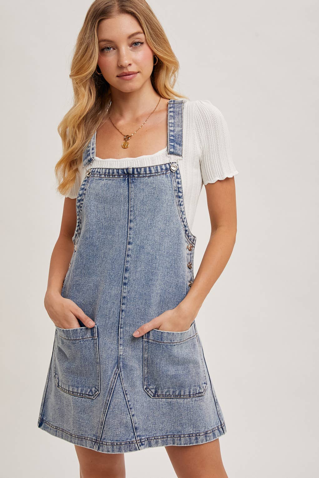 Bluivy - Wholesale Overalls - Women's - DENIM OVERALL MINI DRESS WITH POCKETS