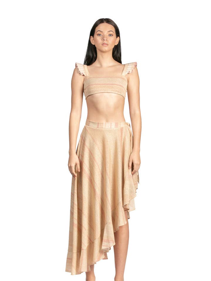 Eugenia Wrap Skirt in Golden Blush Shimmery Fabric for wholesale by SANLIER