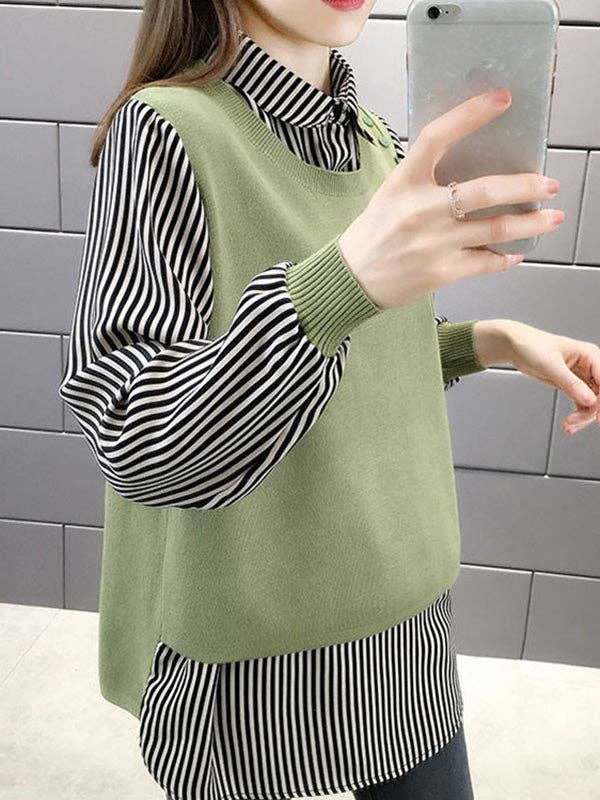 ShieldChic - Wholesale Knit Sweater - Women's - Original Loose Split-Joint 5 Colors Striped Round-Neck Long Sleeves False Two Sweater Top8