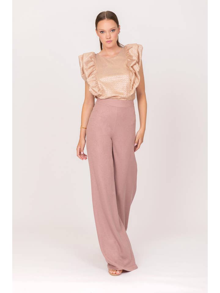 Blush Lurex Ruffle Sleeve Top 75% Pl 25% Me + 100% Ny + 100% Ny for wholesale on Faire