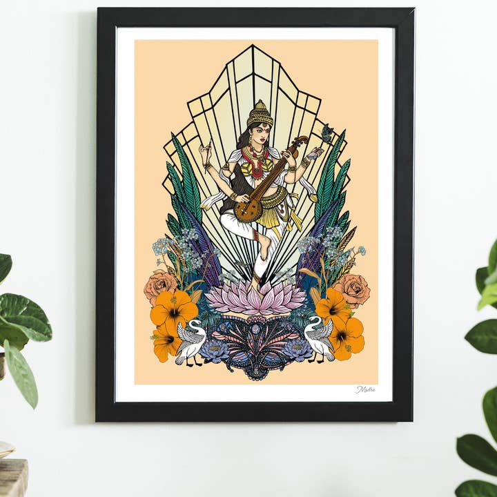 Poster artistico a colori per yoga indù della dea indiana Saraswati per la vendita all'ingrosso da parte di Msdre