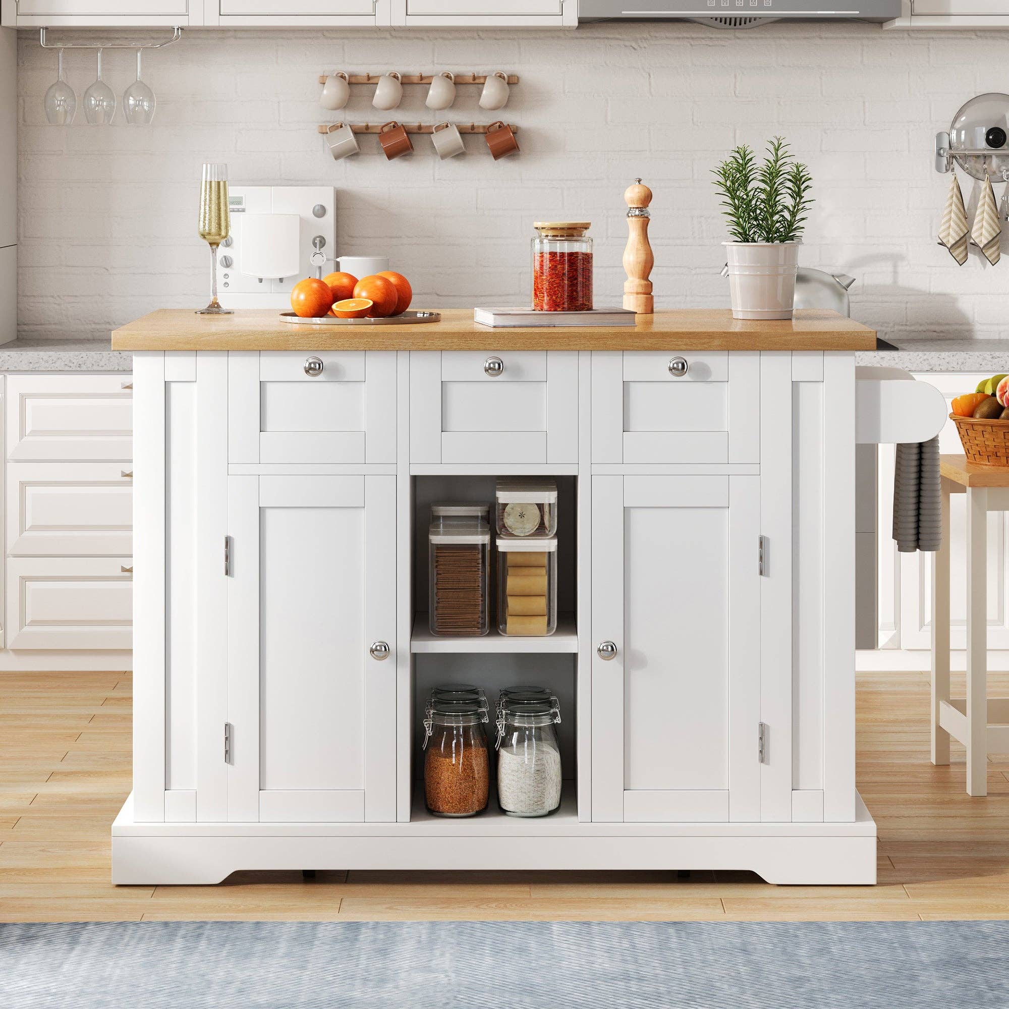 Urban Meuble - Wholesale Kitchen Storage/Organizer - White kitchen island with wood effect, extendable top, storage, and USB ports AMYLOPECT2