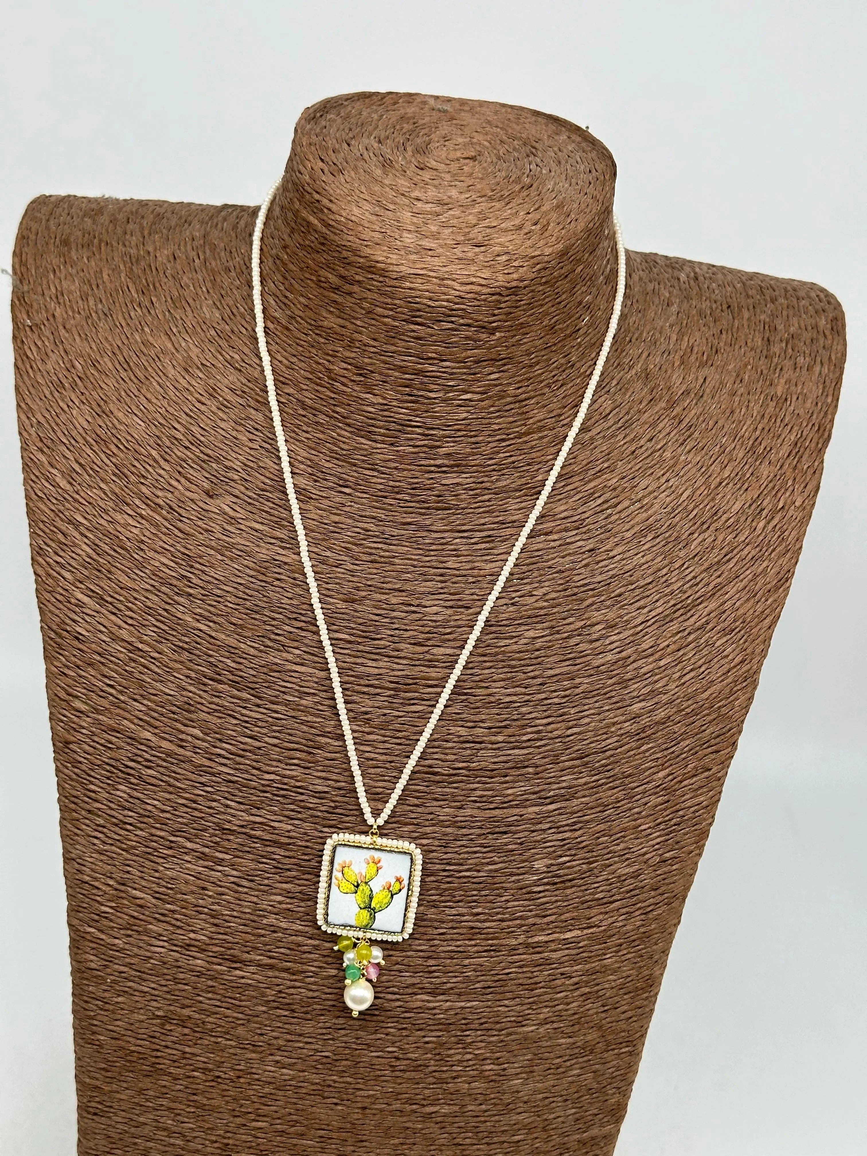 DD Ceramiche Siciliane - Wholesale Pendant/Charm Necklace - Caltagirone Ceramic Tile Necklace, Pala Fichi d'India Decor, frame and chain, white beads1