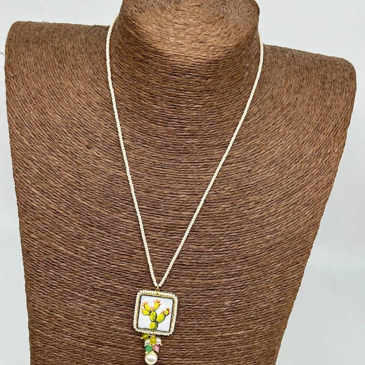 DD Ceramiche Siciliane - Wholesale Pendant/Charm Necklace - Caltagirone Ceramic Tile Necklace, Pala Fichi d'India Decor, frame and chain, white beads1