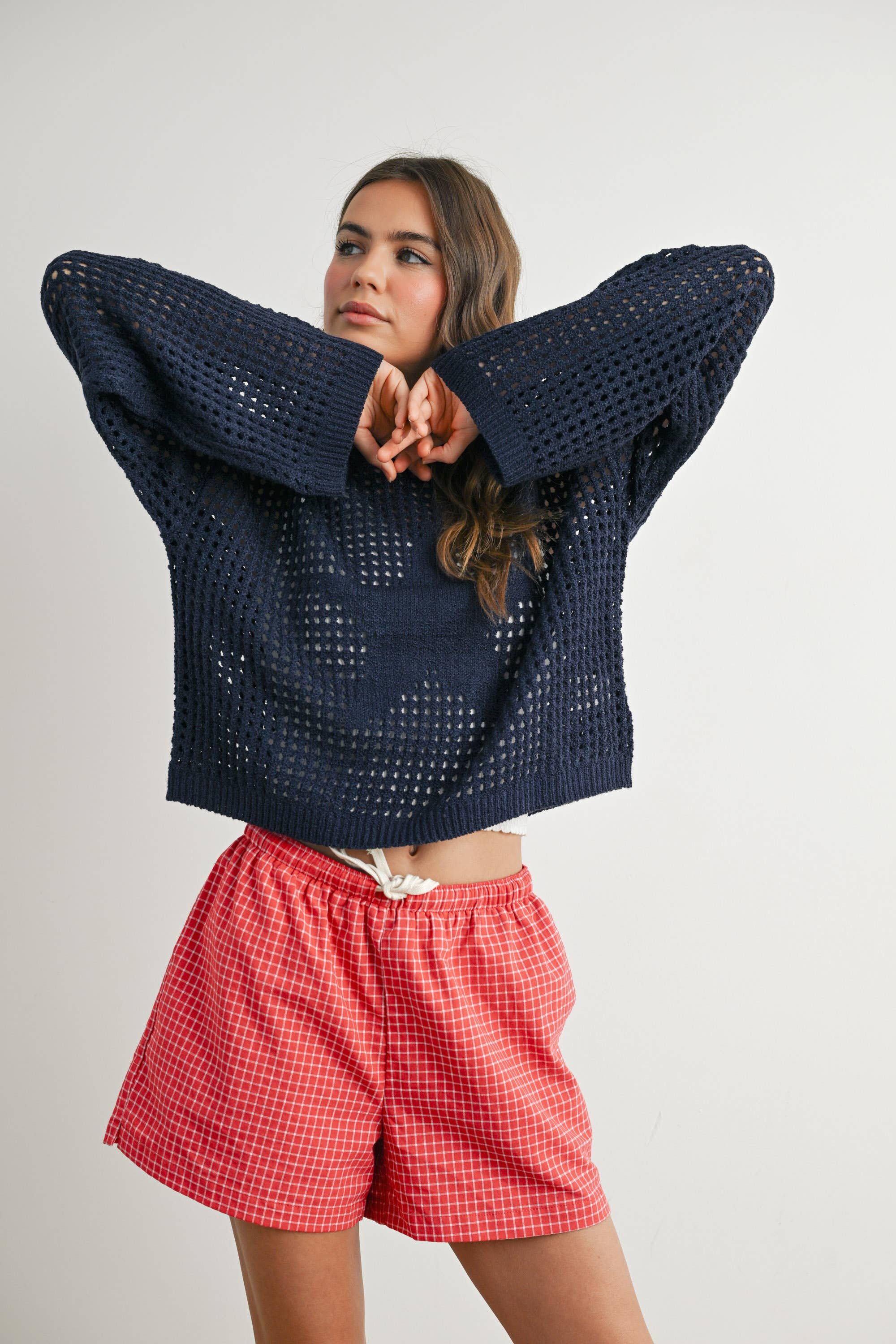 BUTTERMELON - Wholesale Knit Sweater - Women's - Crew Neck Crochet Sweater - BMW76333