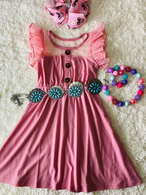 Rose pink tulle ruffle sleeve girls dress XCH0888-18H for wholesale by luluclothes