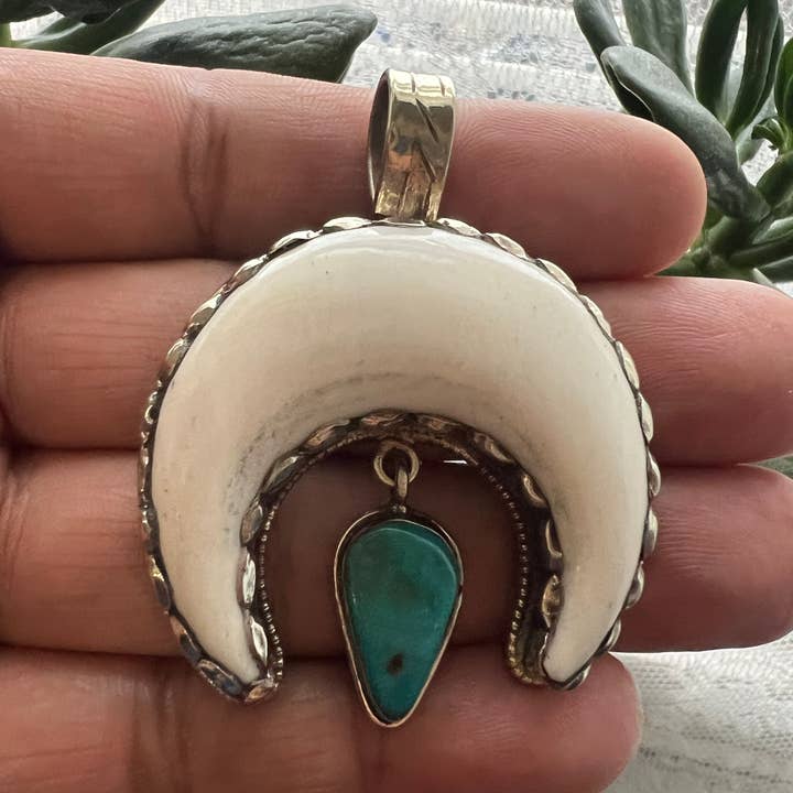 Bone carved Squash blossom pendant with natural turquoise for wholesale by GTG Gems Corp