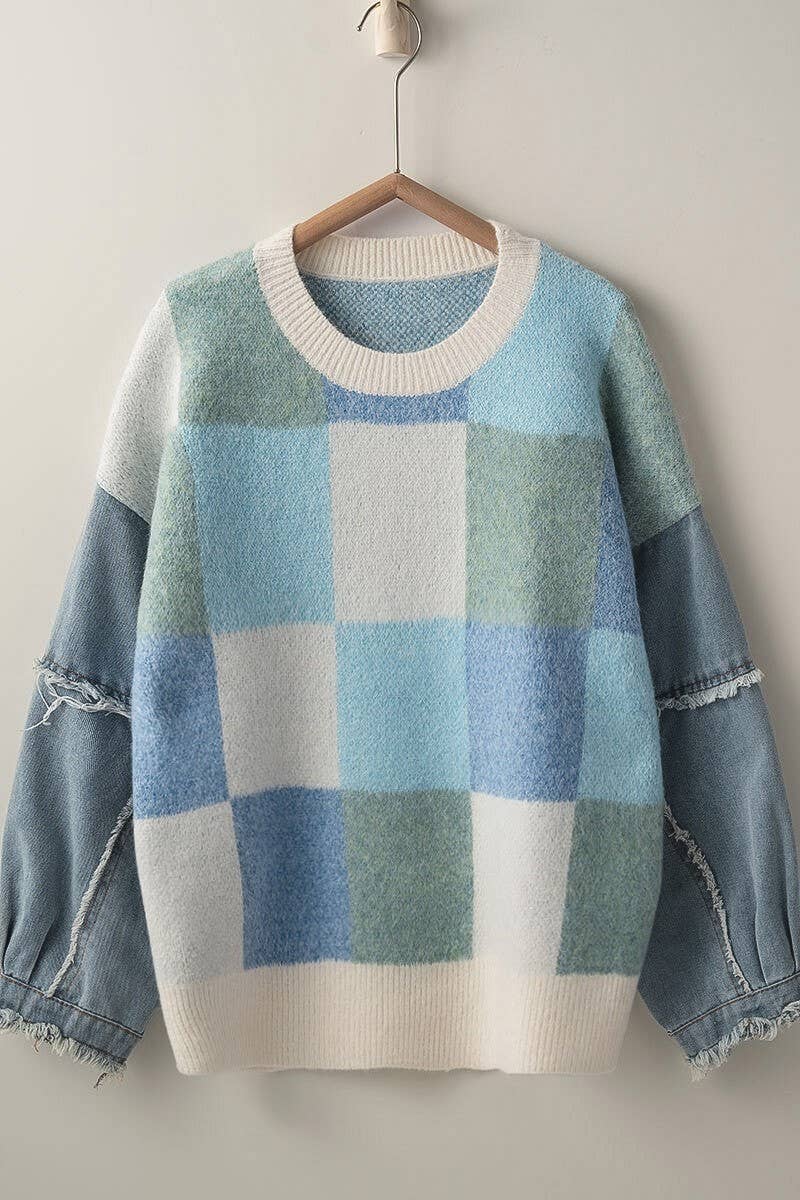 Urban Daizy - Wholesale Knit Sweater - Women's - Checkered Knit with Denim Sleeves Crewneck Sweater15