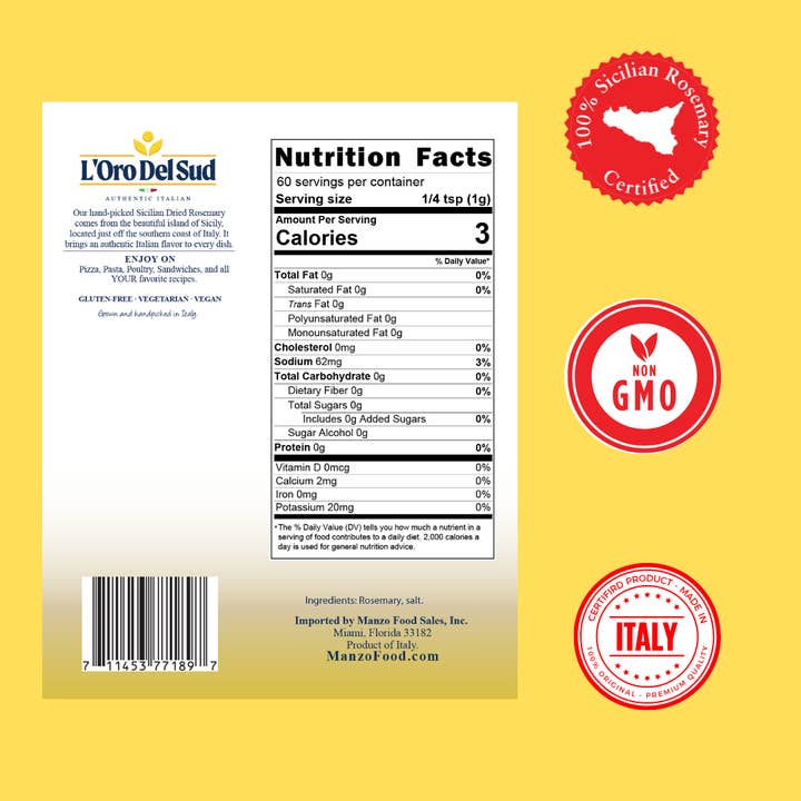 Wholesale Italian Food - Wholesale Herbs - L'Oro Del Sud, Rosemary leaves, Sicilian Rosemary sprigs, 2.11 oz (60 g), Whole Rosemary Leaf, Non-GMO, Product of Italy