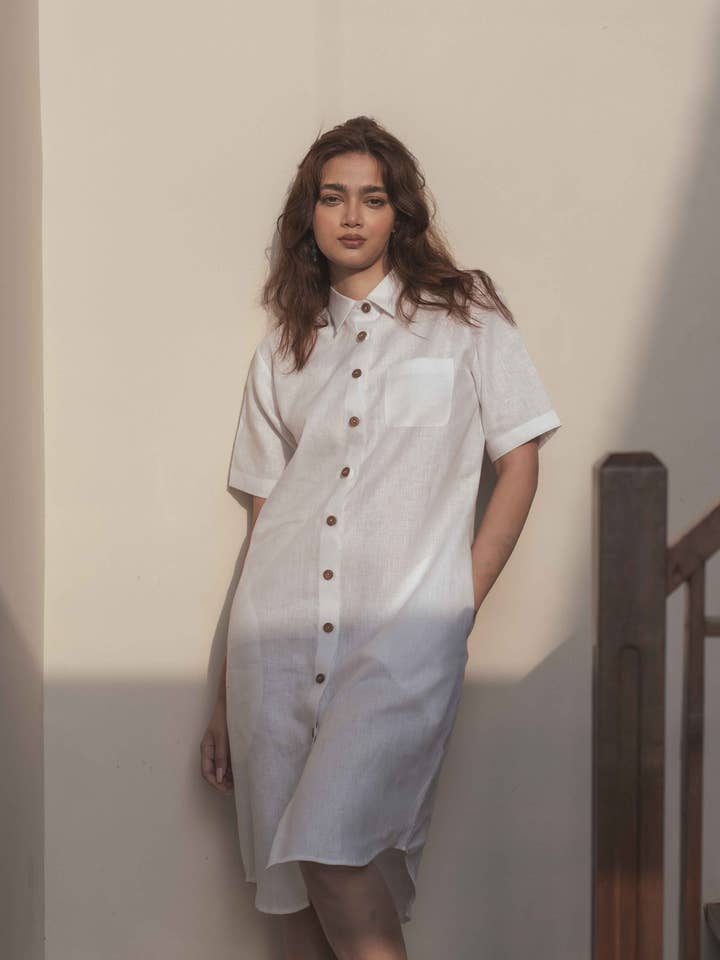 Vestido Camisa Linho Branco por atacado de Drishya Linen