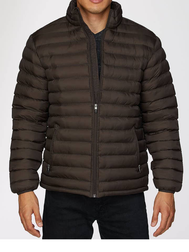 Men's Nylon Quilted Jacket with Contrast Lining-Brown for wholesale by Rodeo Clothing