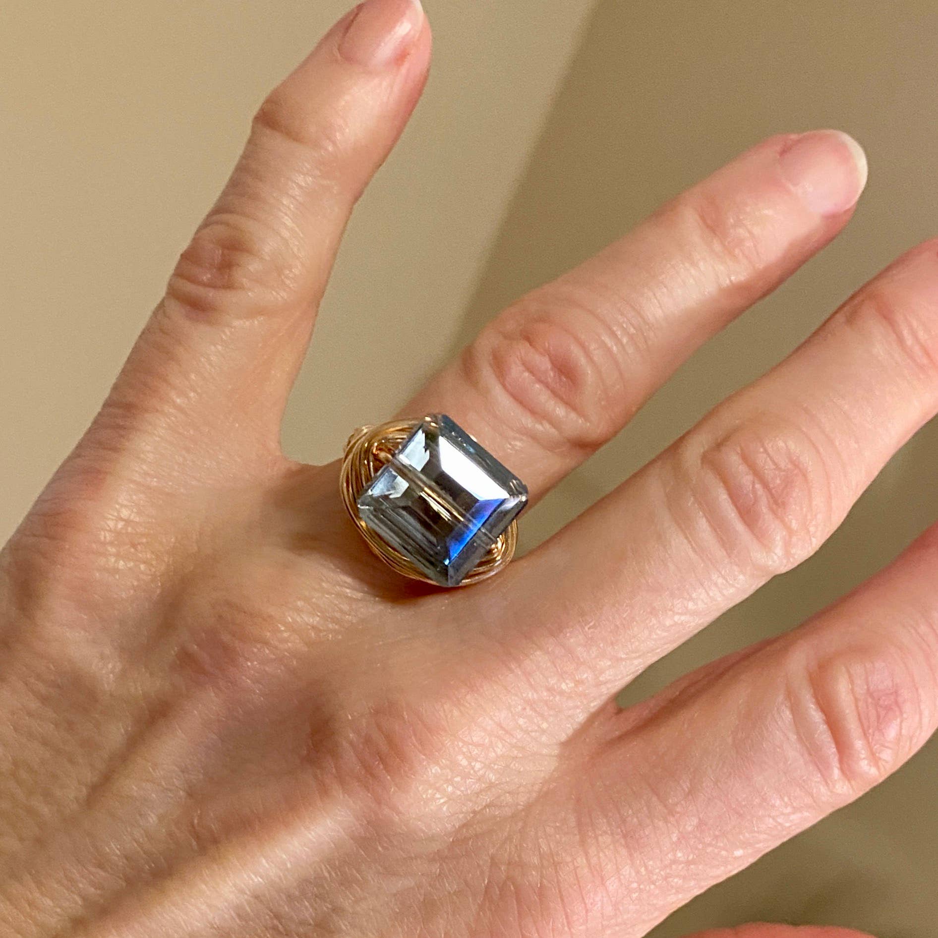 Marble Designs Jewelry - Wholesale Cocktail/Statement Ring - Blue Square Crystal Gold Wire Wrapped Ring StatementCocktail2