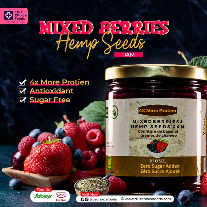 Confiture de baies mélangées et graines de chanvre - Sans sucre pour la vente par True Choice Foods Inc