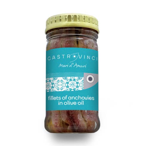 Castrovinci Anchovy Fillets in Olive Oil Glass Jar- 3.53oz for wholesale by The French Farm