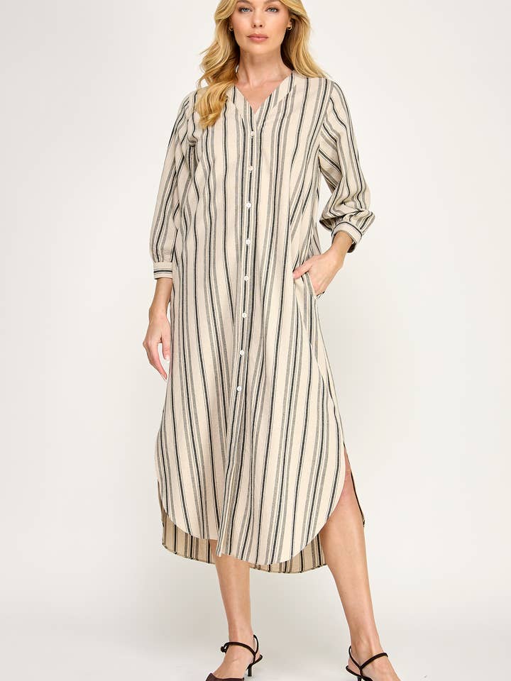 RD-4242-6 ABITO IN LINO A RIGHE CON BOTTONI-AVENA per la vendita all'ingrosso da parte di Ellison