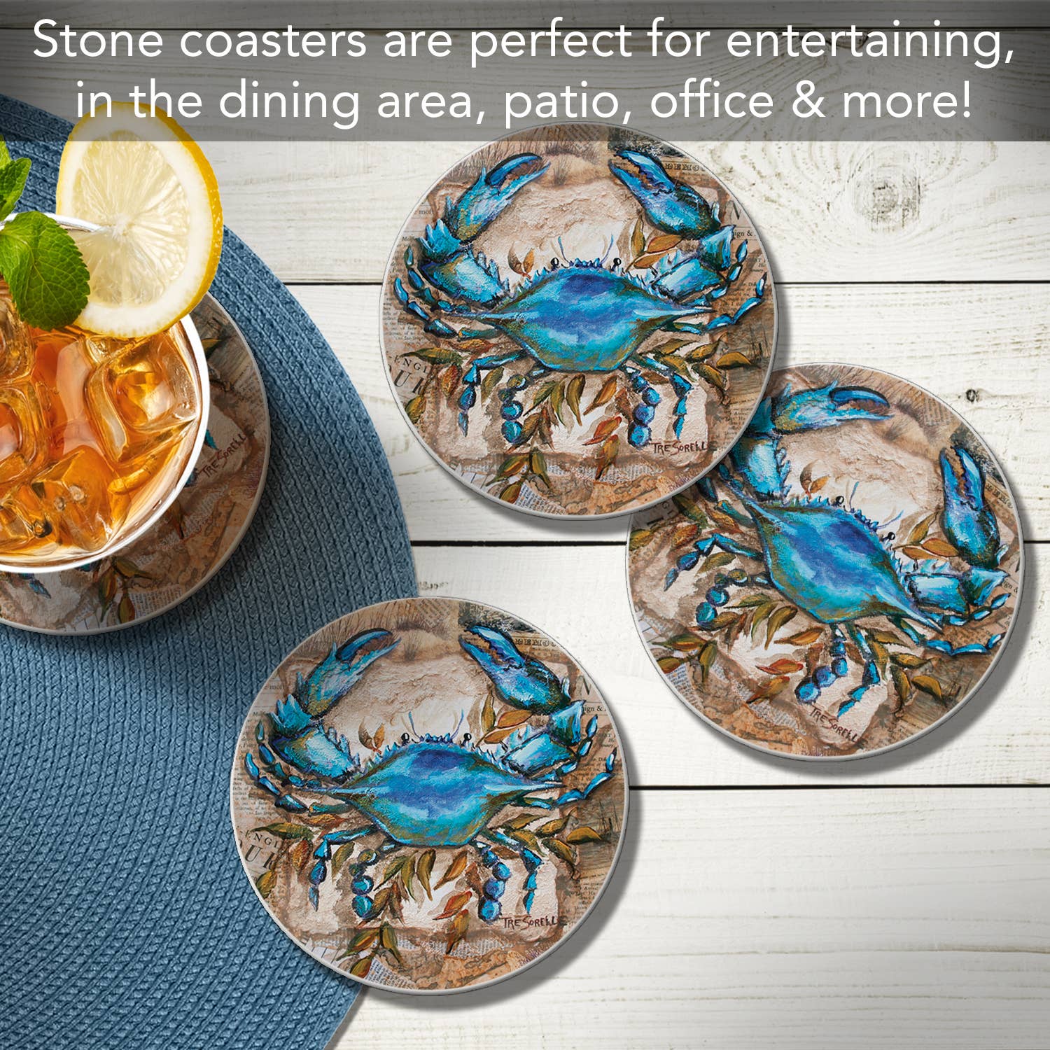 CounterArt/Highland Home/Thirstystone - Wholesale Coasters - Thirstystone "Blue Crab" Round Absorbent Stone Coaster 4pk6