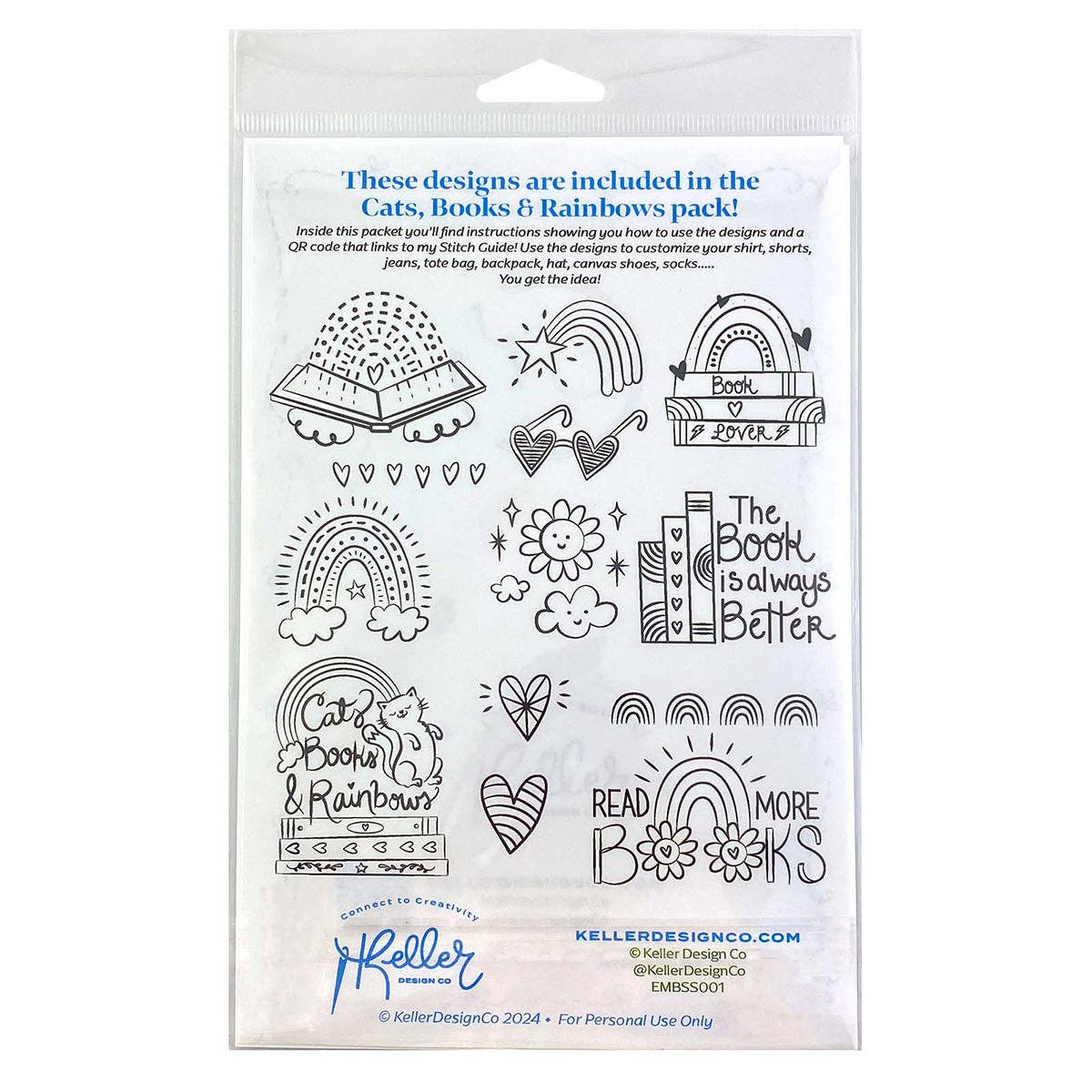Keller Design Co. - Wholesale Embroidery/Cross Stitch Supplies - Stick It Stitch It Water Soluble Embroidery Patterns-Cats, Books, Rainbows9