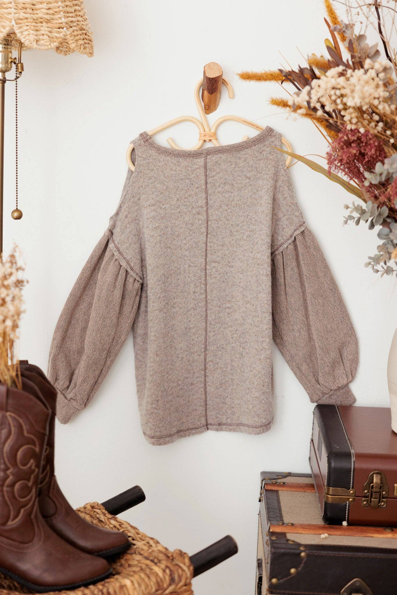 Mocha Girls Cold Shoulder Textured Ballon Sleeve Soft Sweater for wholesale on Faire3