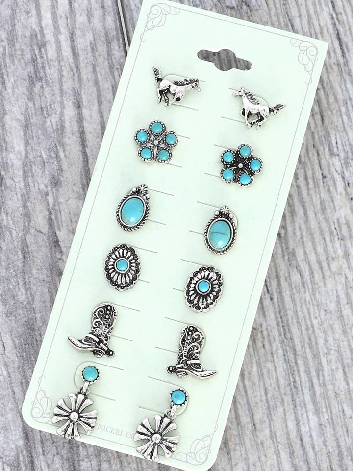 Assorted 6-Pair Western Themed Turquoise Stud Earrings Set for wholesale by SP Sophia Collection
