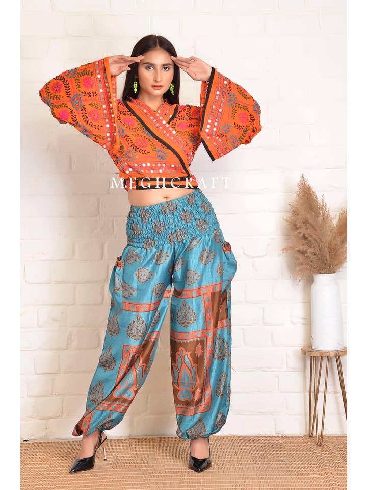 Meghcraft - Wholesale Pants – Women's - Upcycled Silk Harem Pants with Smocked Waist3