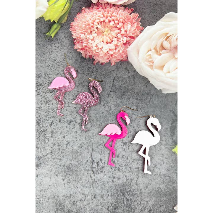 JHP Collection - Wholesale Dangle Earrings - UNIQUE LIGHT PINK GLITTER FLAMINGO ACRYLIC EARRINGS