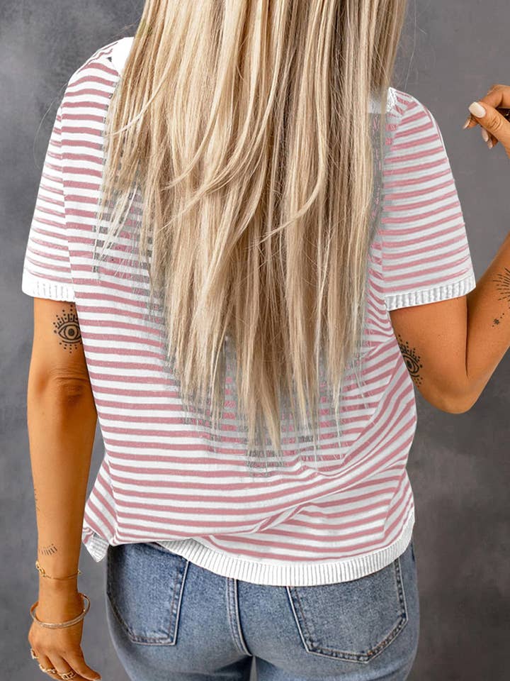 Lovesoft – wholesale Knitted jumper – Women′s – Women's Crew Neck Striped Contrast Short Sleeve Casual Sweater5