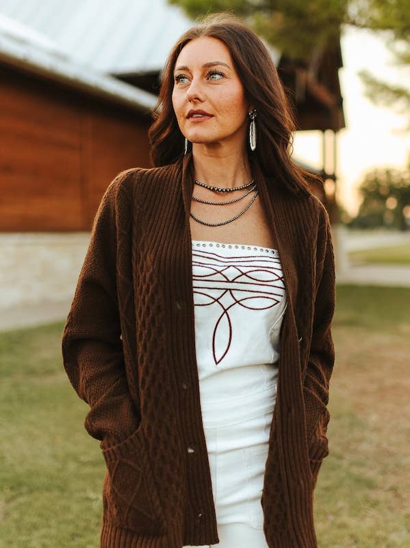 LUCKY & BLESSED - Wholesale Cardigan - Women's - Brown Cable Knit Concho Button Down Cardigan Sweater0