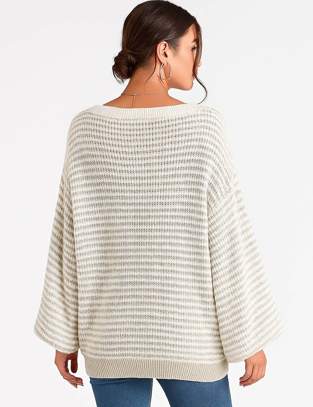 Sweetkama - Wholesale Knit Sweater - Women's - Ladies Striped Pullover Round Neck Lantern Sleeves Knit Sweater2