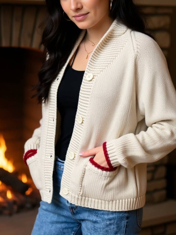 Pink Pineapple - Wholesale Cardigan - Women's - Heart Ski Varsity Cardigan in Ivory1