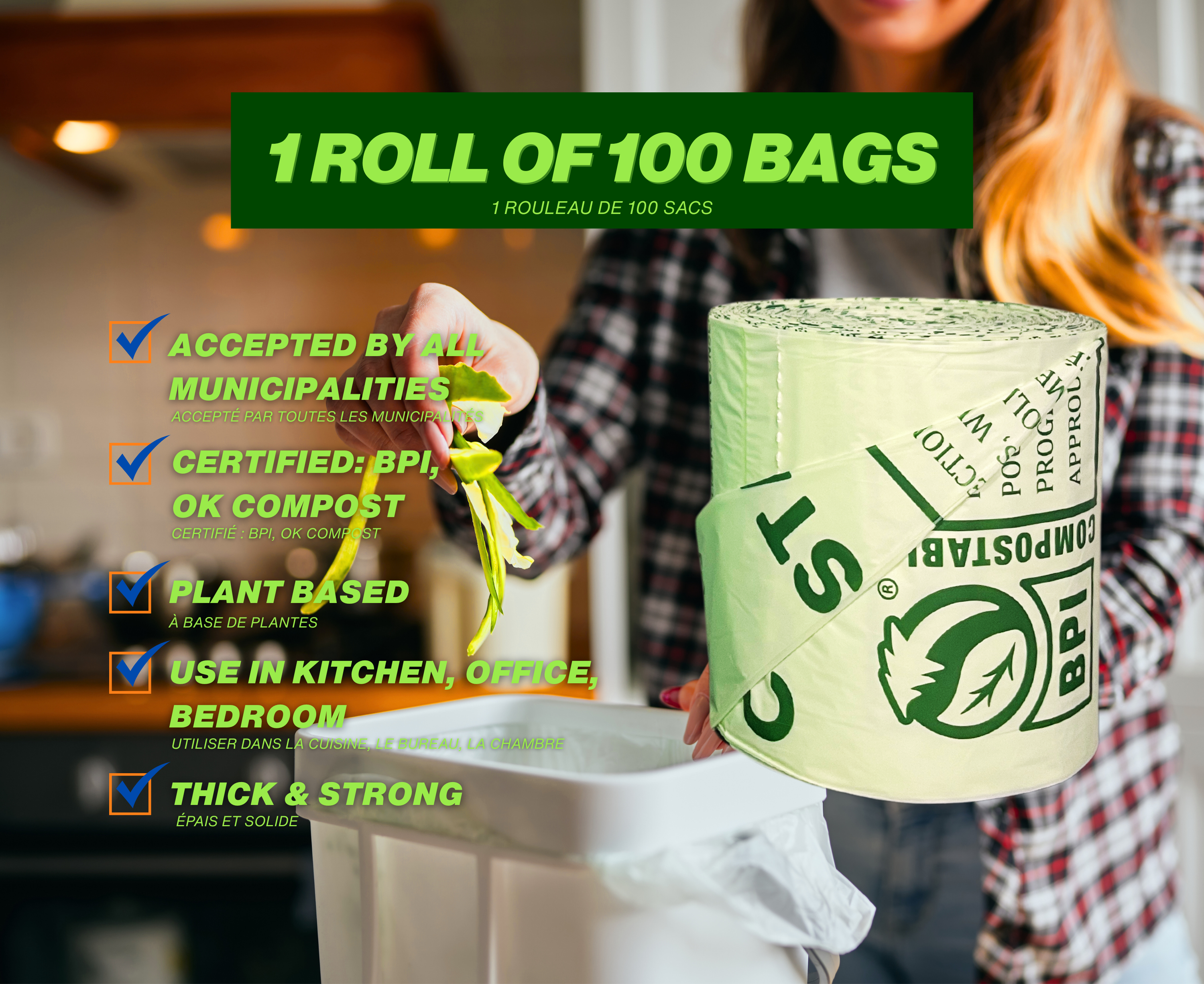 ALL DISTRICT JEANS Inc. - Venta al por mayor Bolsa/envoltorio de alimentos - Bolsas para residuos de comida de cocina 100% compostables, 100 unidades1