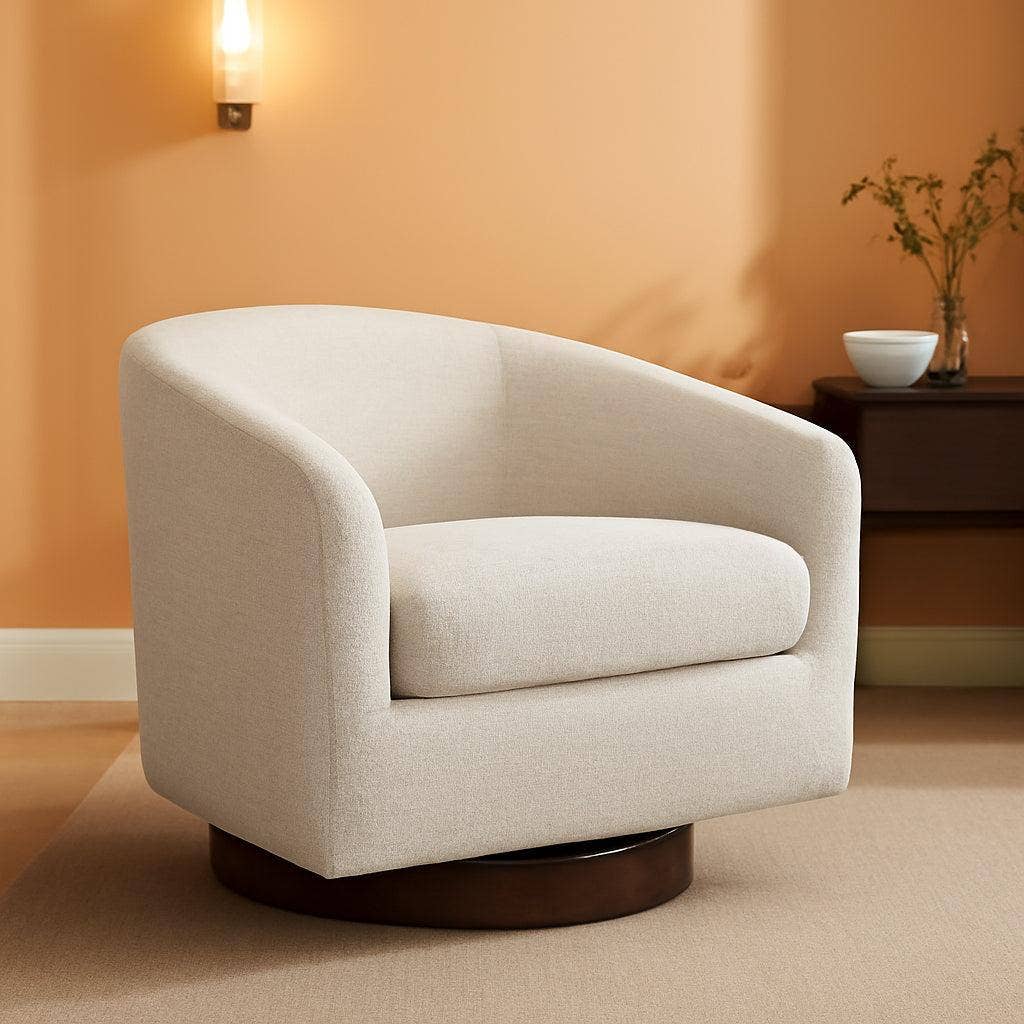 Ivory Swivel Barrel Chair With Plush Foam Back Cushion for wholesale on Faire0