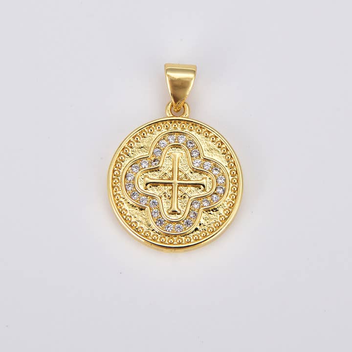 findings4uGem – wholesale Pendant/charm necklace – Gold Filled CZ Four Leaf Clover Cross Charm Pendant, CP15191