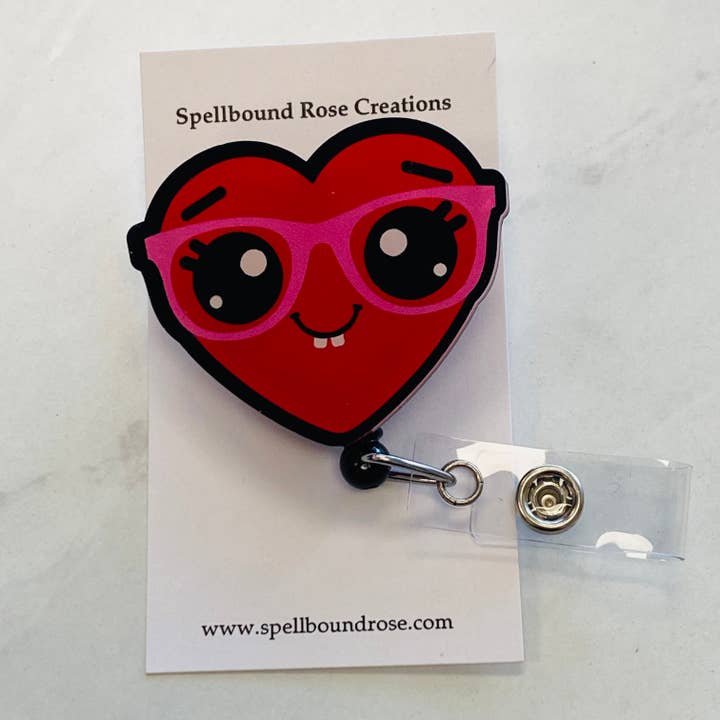 Heart with Glasses Badge Reel for wholesale by Spellbound Rose Creations