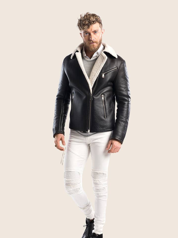 ZWART Met shearling gevoerde leren vliegjas voor heren - zwart voor groothandel op Faire1