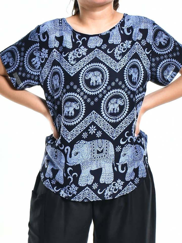 Bohotusk Blue Elephant Tusker Short Sleeved Top S M L for wholesale by Bohotusk