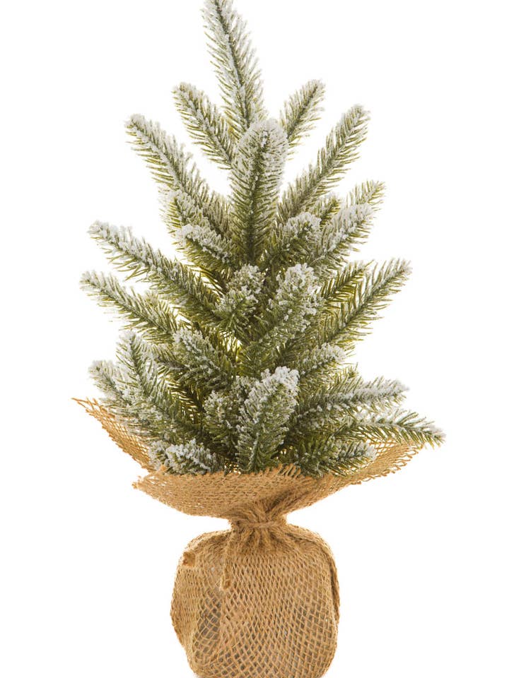 Grøn/hvid frostet juletræ med burlap-indpakket fod for engroshandel hos Starlight Collection
