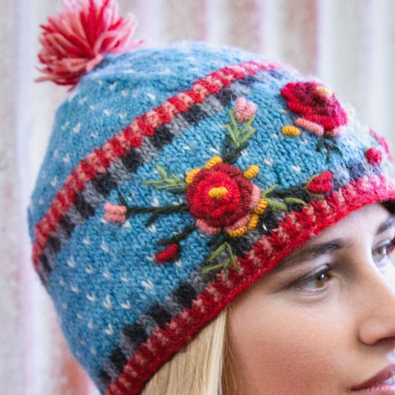 Lost Horizons Knitwear – Ships from USA - Wholesale Beanie - Women's - Aubrey Hand Knit Wool Beanie | Embroidered Floral Hat10