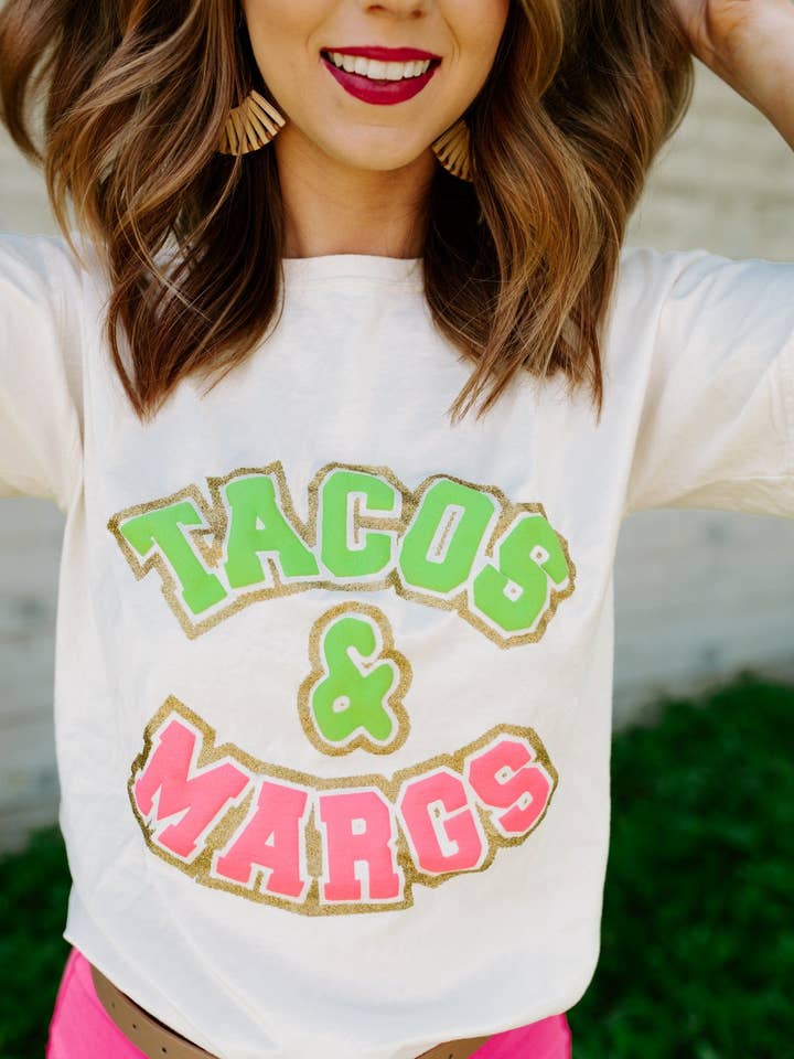 Tacos & Margs Varsity Glitter Cream Tee for wholesale by Southern Bliss Co.
