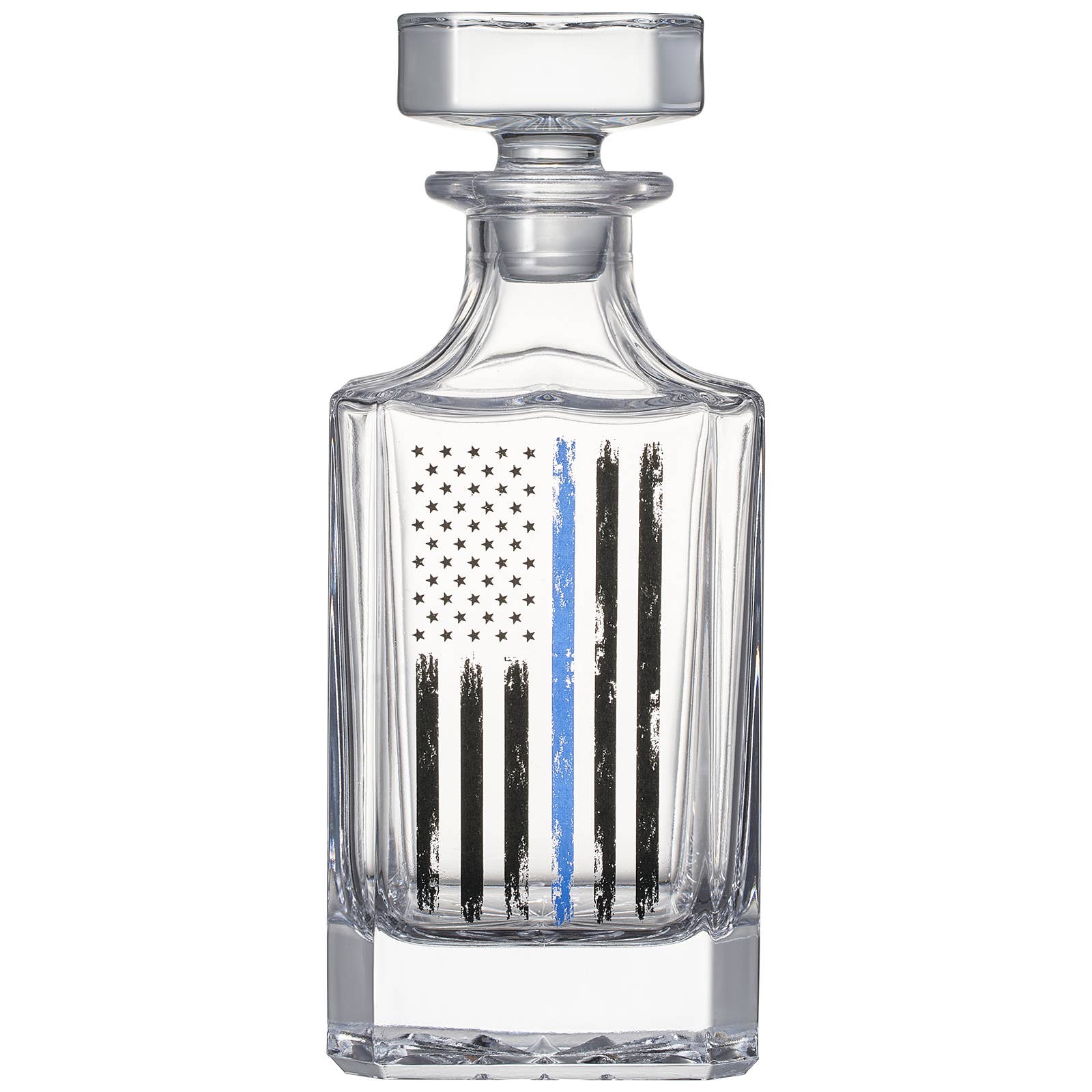 The Wine Savant /  Khen Glassware - Wholesale Decanter - Police Tactical Blue Tattered American Flag Whiskey Gift Set1