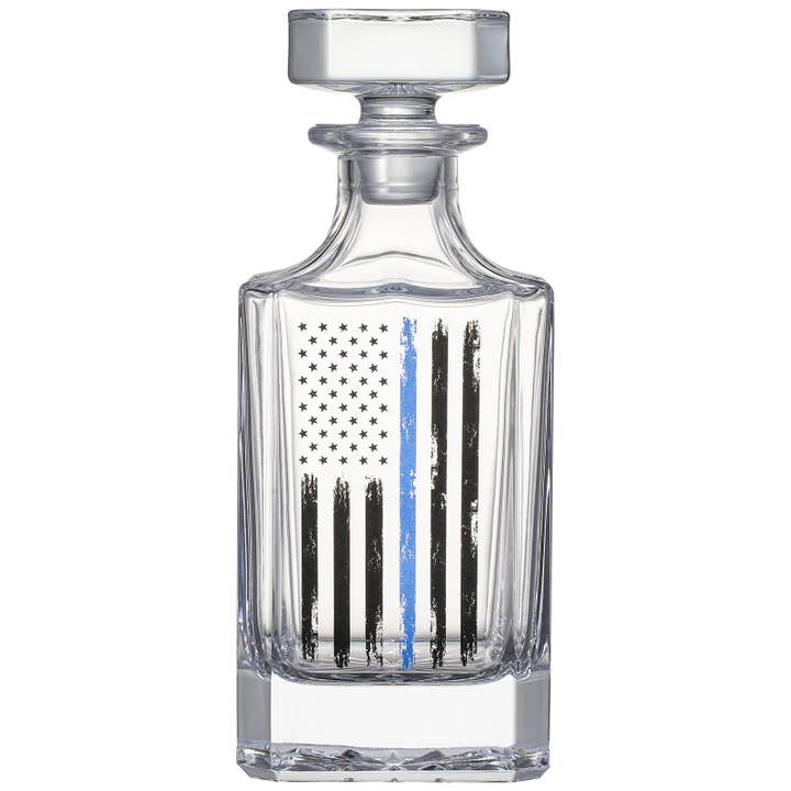 The Wine Savant / Khen Glassware - Wholesale Decanter - Police Tactical Blue Tattered American Flag Whiskey Gift Set1