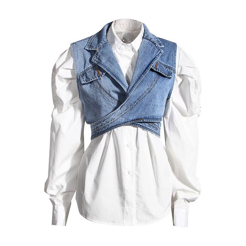 VividLux - Wholesale Top & Pant Set (NOT Loungewear) - Women's - Two Piece Set Short Irregular Asymmetric Denim Vest Puff Sleeve Shirt Loose Set Criss Cross Women1