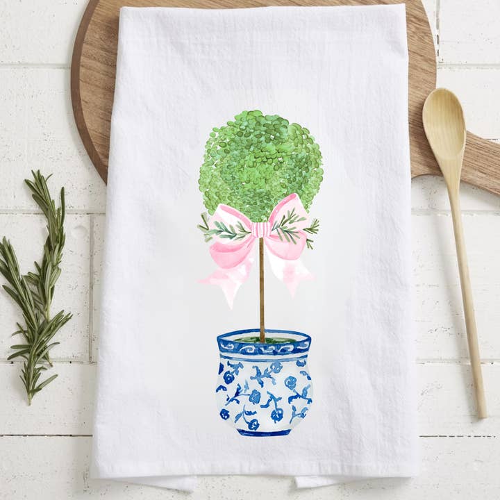 Boxwood with Pink Bow Tea Towel for wholesale by The Luna T Company