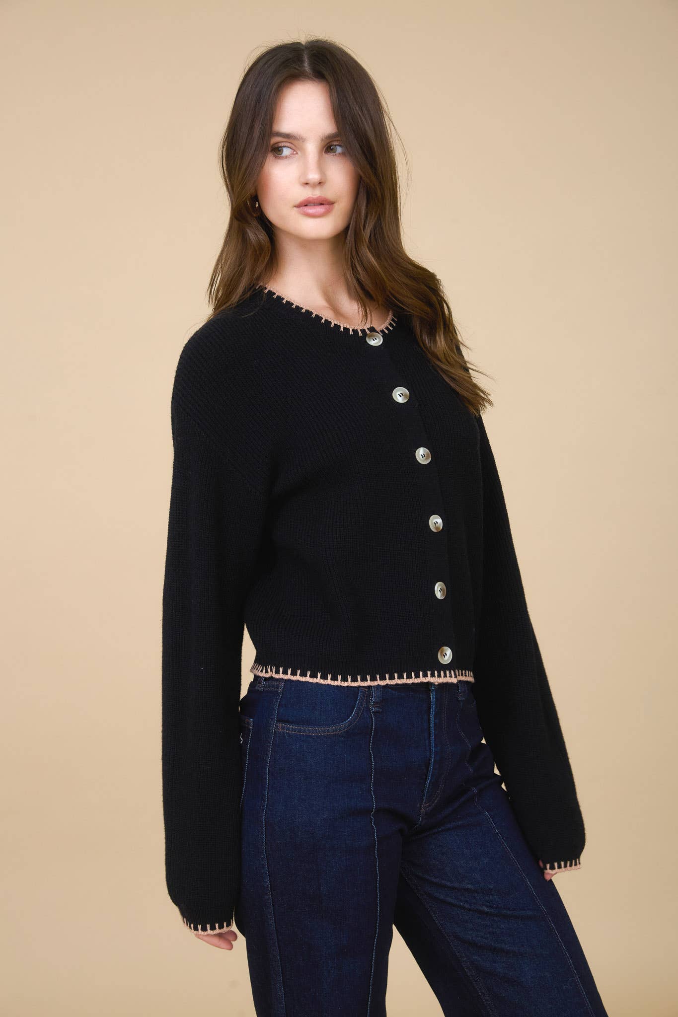 The Workshop Studio - Wholesale Knit Sweater - Women's - CONTRAST STITCH TRIM BUTTON DOWN KNIT CARDIGAN 2