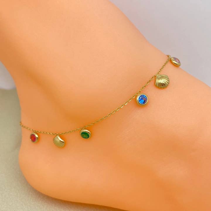 FGS - Seashell & CZ Charm 18K Gold Plated Steel Anklet for wholesale by Mio Queena