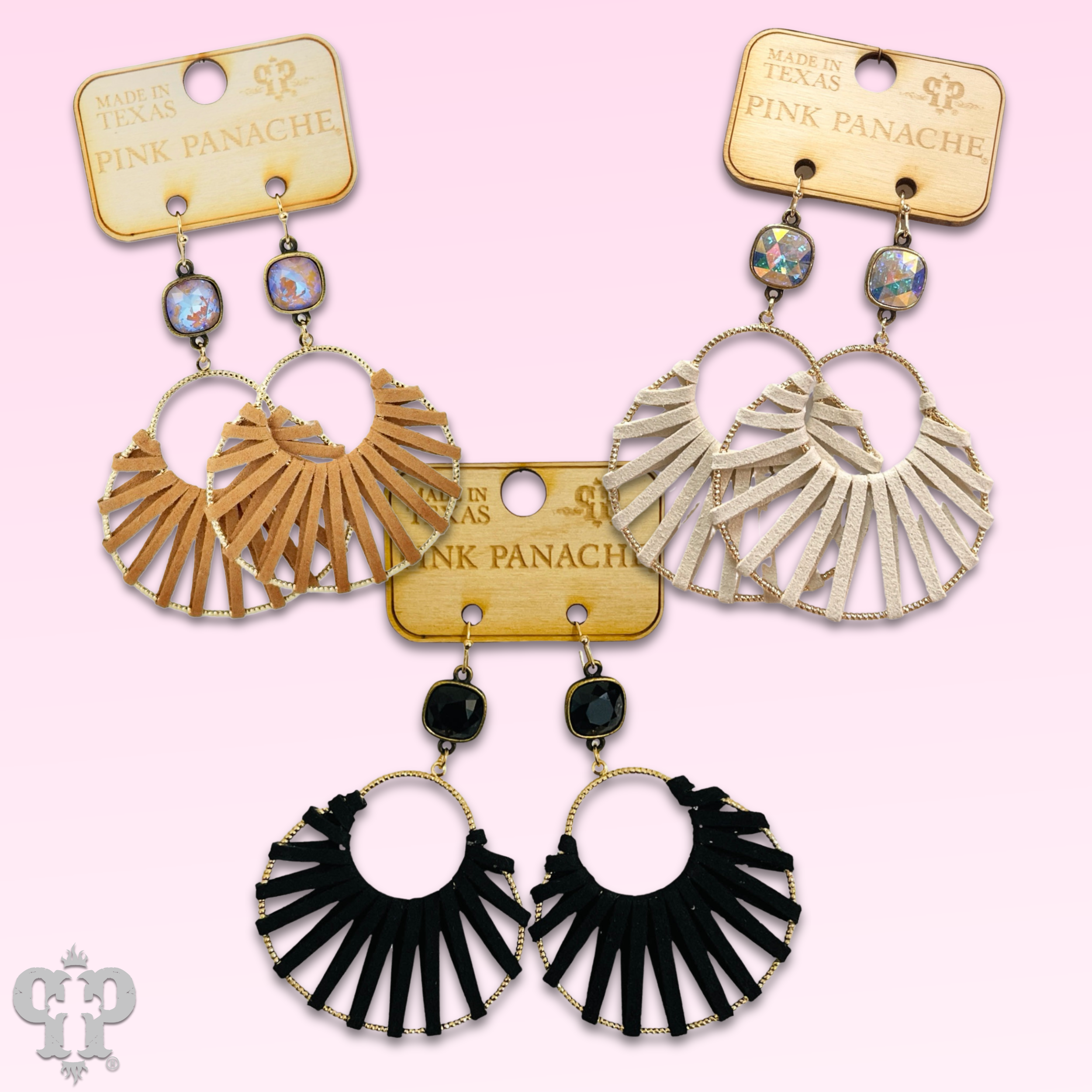 Pink Panache Brands - Wholesale Dangle Earrings - Suede wrapped circle earring with Austrian crystal - LC1