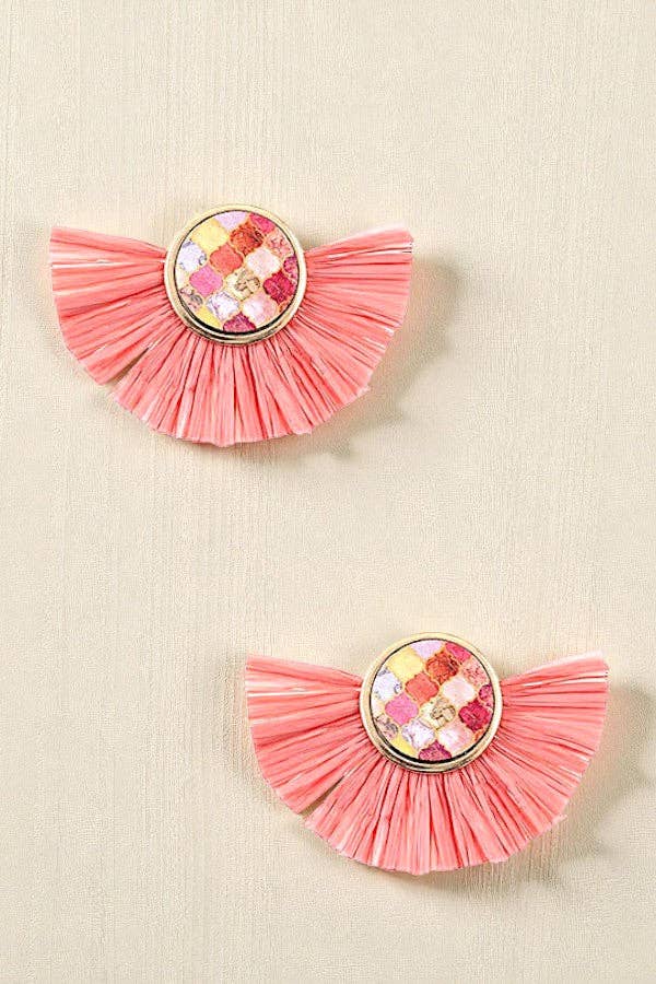 Andrea Bijoux - Wholesale Dangle Earrings - ROUND MIX PRINT RAFFIA TASSEL EARRING3
