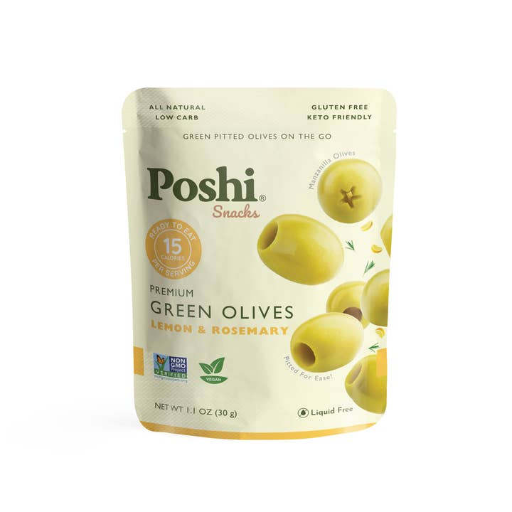 POSHI - Vente Olives - Poshi Snacks - Olives vertes dénoyautées au citron et au romarin 1,1 oz/10