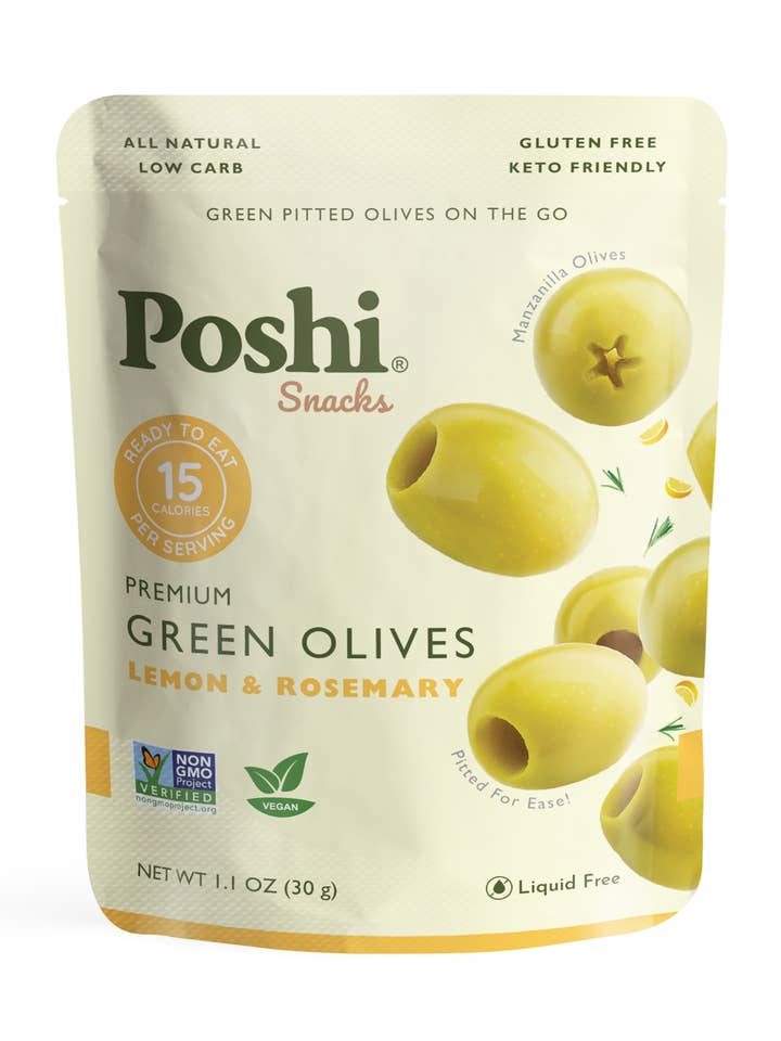 Poshi Snacks - Lemon & Rosemary Pitted Green Olives 1.1oz/10 for wholesale by POSHI