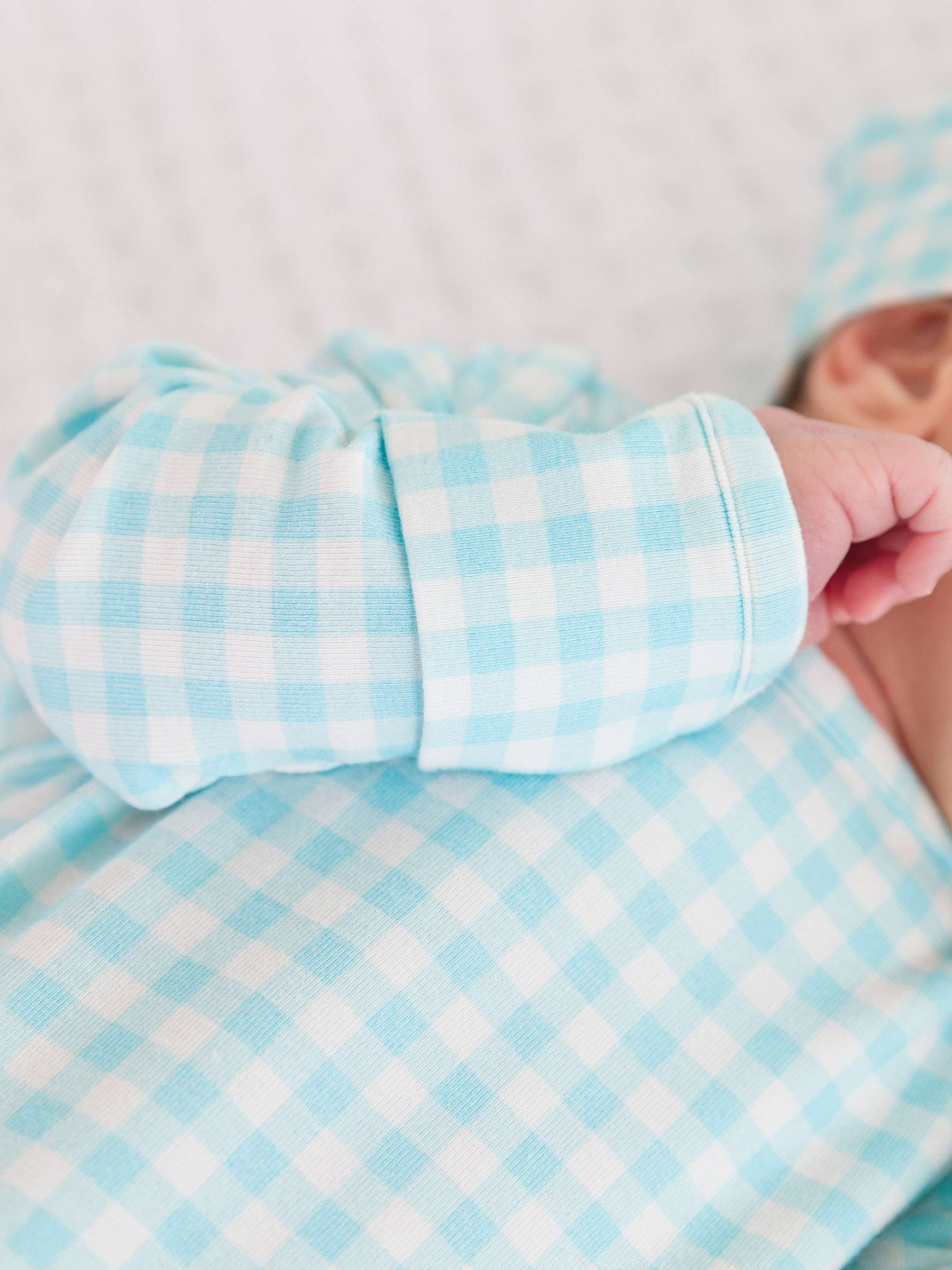 SoftSnooze™ Baby Cotton Modal Blue Breeze Gingham Knotted Sleep Gown & Hat Set for wholesale on Faire1